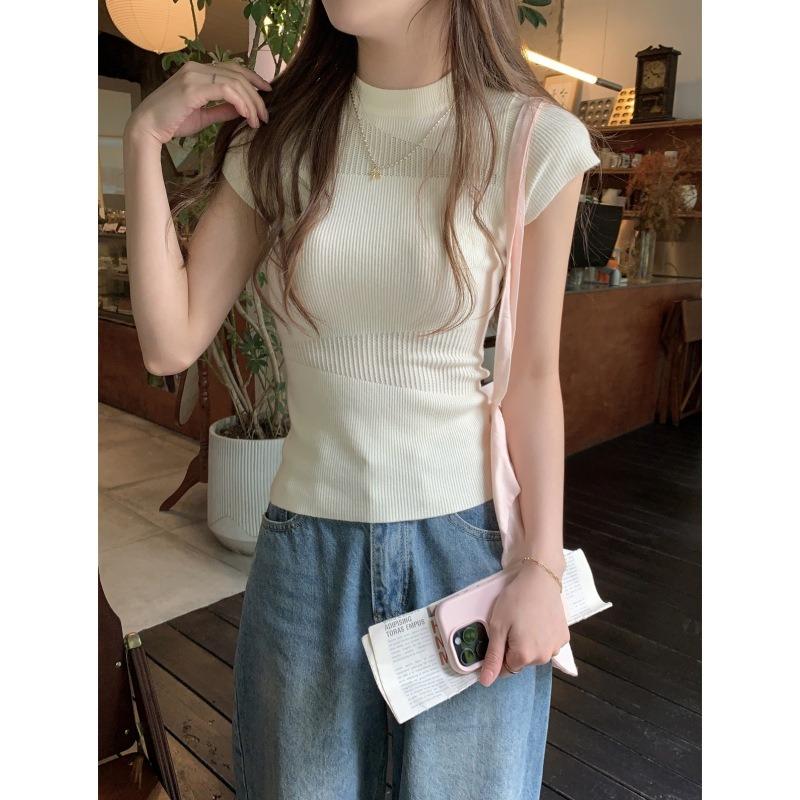 women mock neck knit top mesh panel cap sleeve ribbed fitted casual sweater