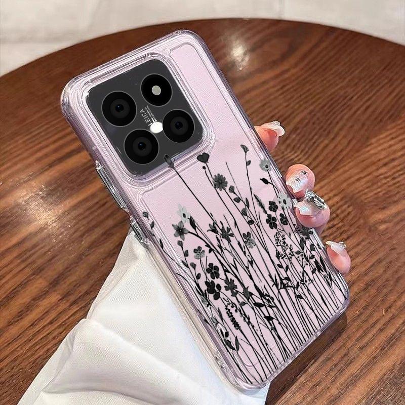 Black Line Floral Pattern Case For Xiaomi Redmi Note 15 Pro 4G Funda Redmi Note 14 13 Pro 5G Clear TPU Silicone Soft Cover