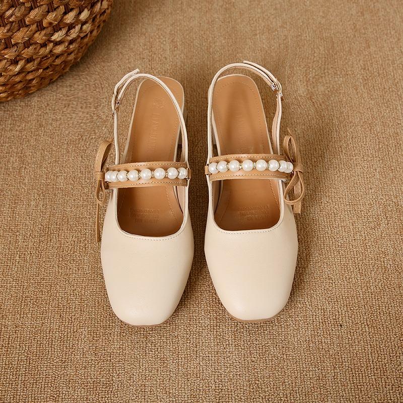Thick medium heel bag head sandals summer wear women's fashion versatile pearl one-button sandals