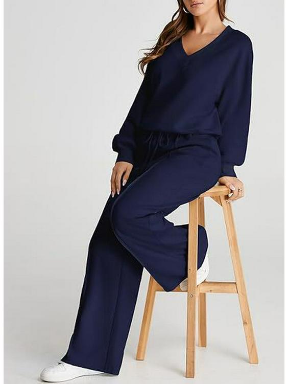 Conjunto Casual de Sudadera de Color Sólido con Cuello en V y Pantalones Largos para Mujer Otoño/Invierno 2025 - Moda Europea/Americana
