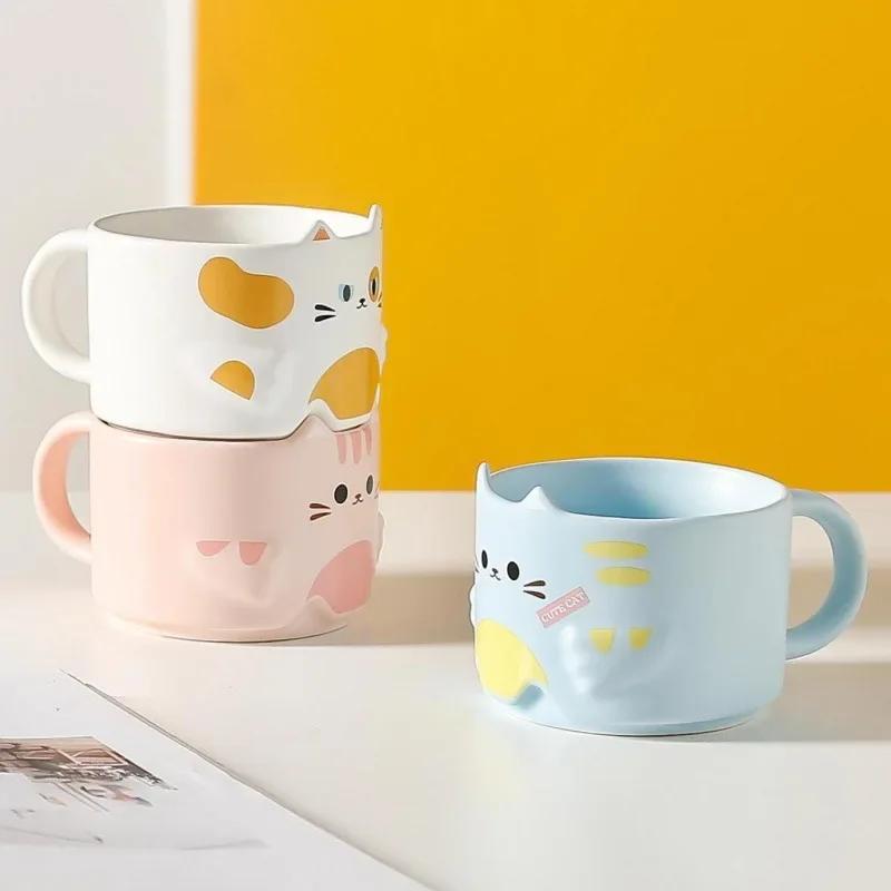 Cute Cat Mug with Handle Funny Cartoon Cat Designs Stackable Coffee Cup Milk Mug Gifts for Cat Enthusiasts Children