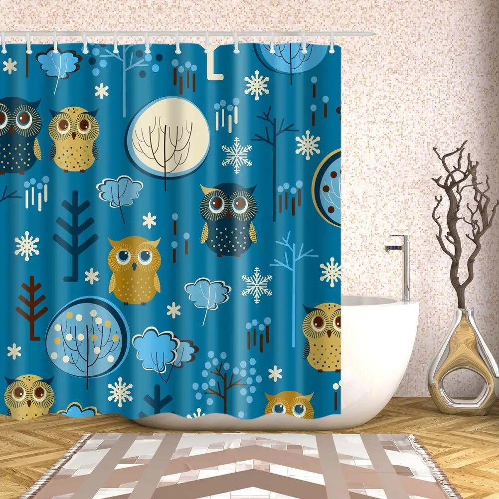 Rideau de douche Hibou Lunaire Forêt Enchantée Oiseau Fleur Papillon Fantaisie Fée Arbre Lanternes Ciel Nocturne Décoration Salle de Bain Ensembles