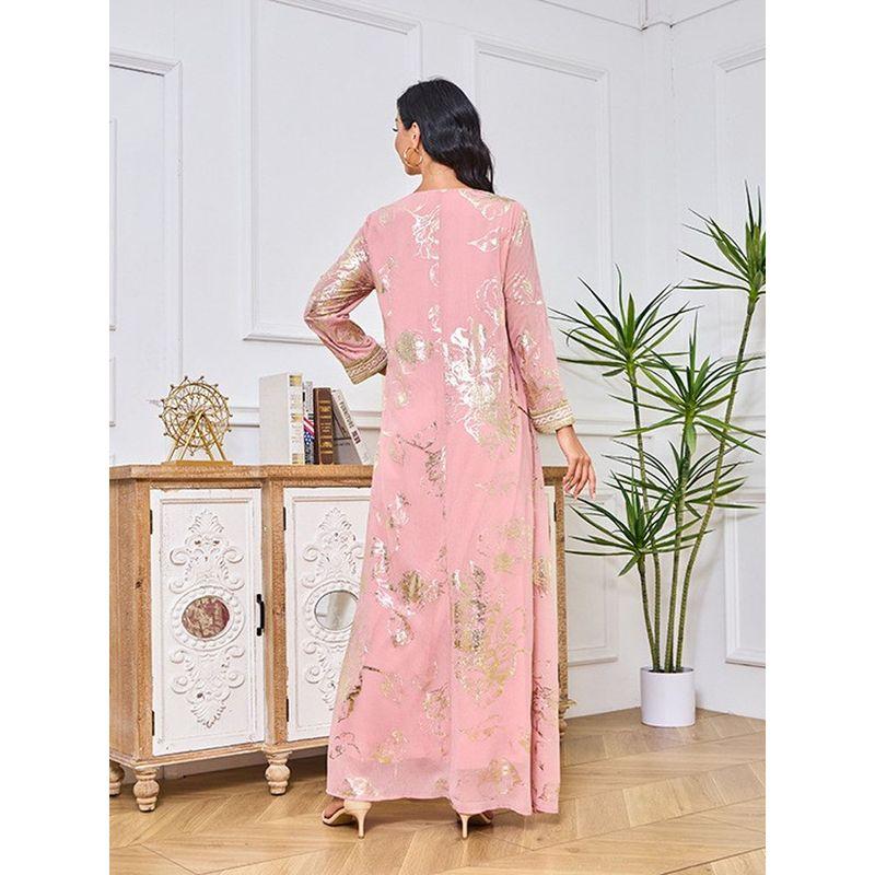 Middle East Spring New Arrival Bronzing Gem Fashion Robe Dubai Turkey Containing Belt Pink Dress Dress
