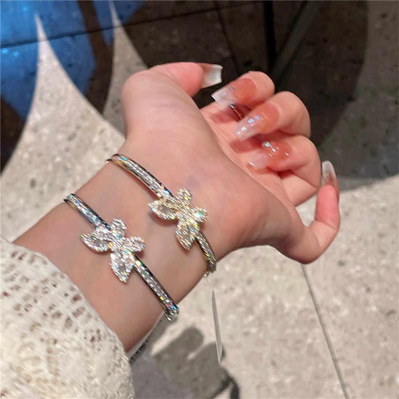 Gold Plated Zircon Butterfly Double Layer Open Cuff Bracelet Women Lightweight Luxury Fashion Jewelry