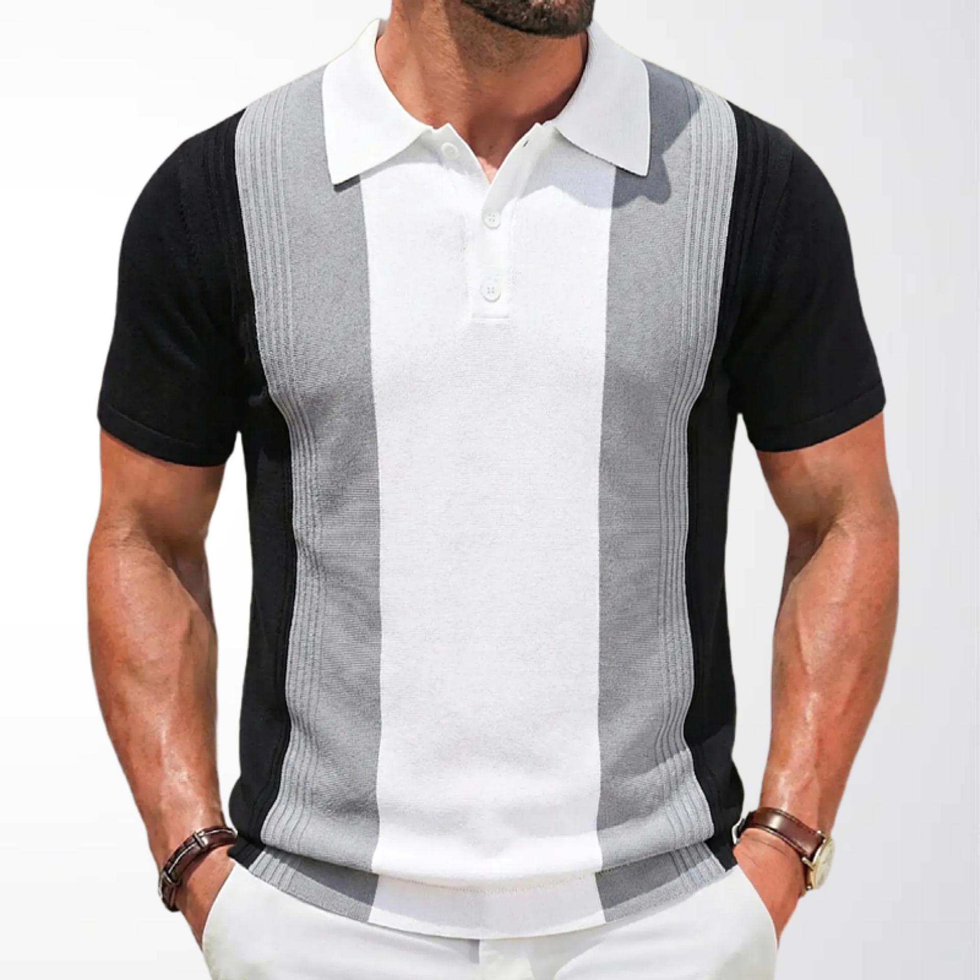 Мужская летняя зеленая полосатая вязаная рубашка-поло с коротким рукавом 2XL чёрный