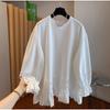 Women S Plus Size White Lace Splicing Long Sleeve T Shirt Loose Round Neck Top