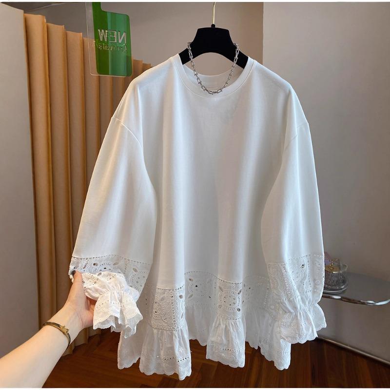 Women S Plus Size White Lace Splicing Long Sleeve T Shirt Loose Round Neck Top