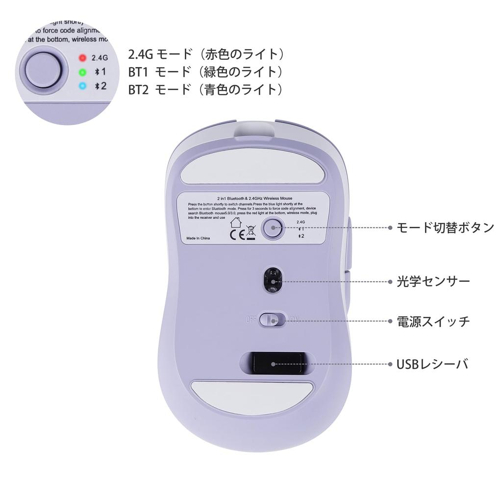 2.4GHz USB Wireless Bluetooth 5.0 Mouse, 3-Device Connection, 6 Buttons, Quiet, Rechargeable, Compact, Portable, Stylish, Compatible with iPhone,