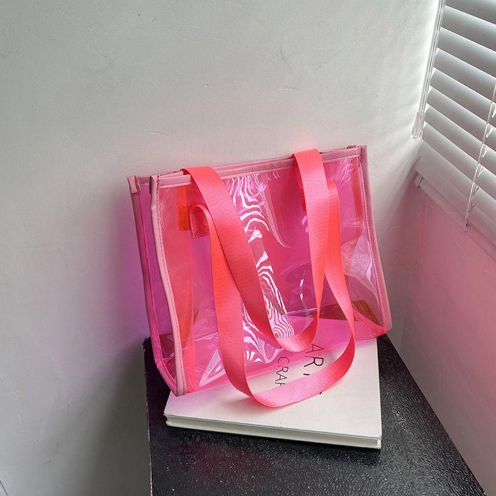 Large Capacity Waterproof Shoulder Bag Candy Color PVC Tote Bag Casual Transparent Handbag  Sports