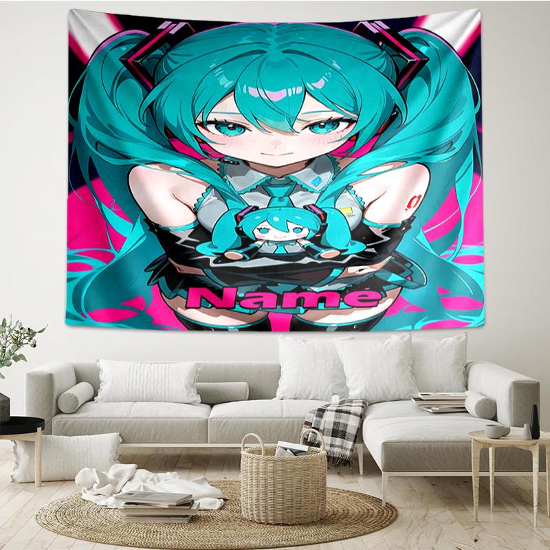 Custom Name Hatsune Miku Print Tapestry, Backdrop, Easy Setup, Ideal for Bedroom, Office & Living Room, with Aesthetic Wall Hanging Decor.