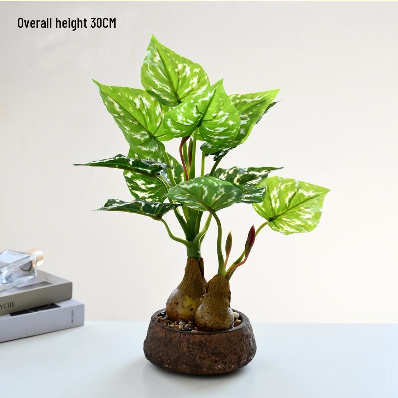 Creative Wooden Basin with Artificial Green Plant Bonsai Ornament for Display and Decoration.