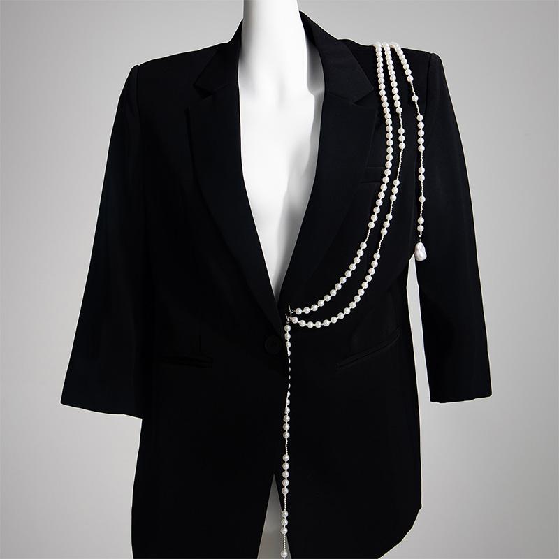 Punk Hip-hop Star Black Imitation Crystal Beads Chain Multi-layer Tassel Double Pin Brooches for Men Women Suit Brooch Jewelry