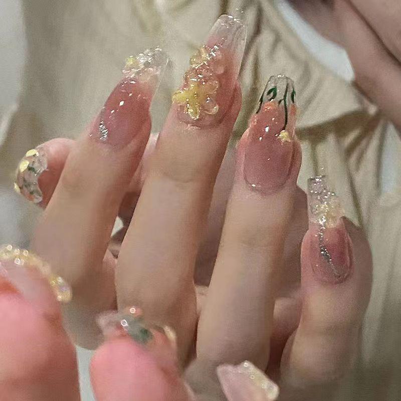 Handmade UV Gel Blush Tulip Press-On Nails - Reusable Nail Art Patches