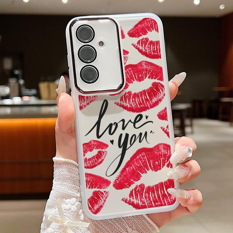 Carcasă de telefon transparentă subțire cu model de buze roșii pentru Samsung S25 Ultra S24 FE S23 Plus A56 A36 A16 A55 A15, folie de protecție pentru lentilă, rezistentă la șocuri, silicon moale, capac