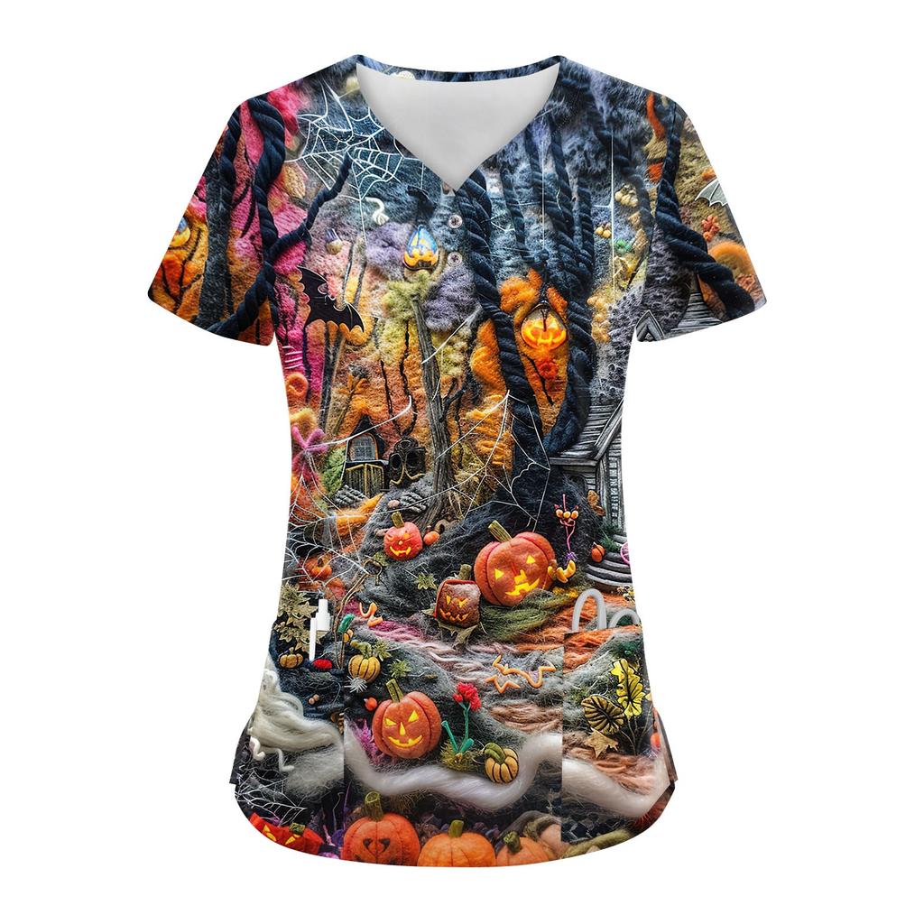 Women's Button V Neck Fashion Casual Halloween Print Tops Dry-nurse Top,Scrubs Tops For Women,2 Pockets