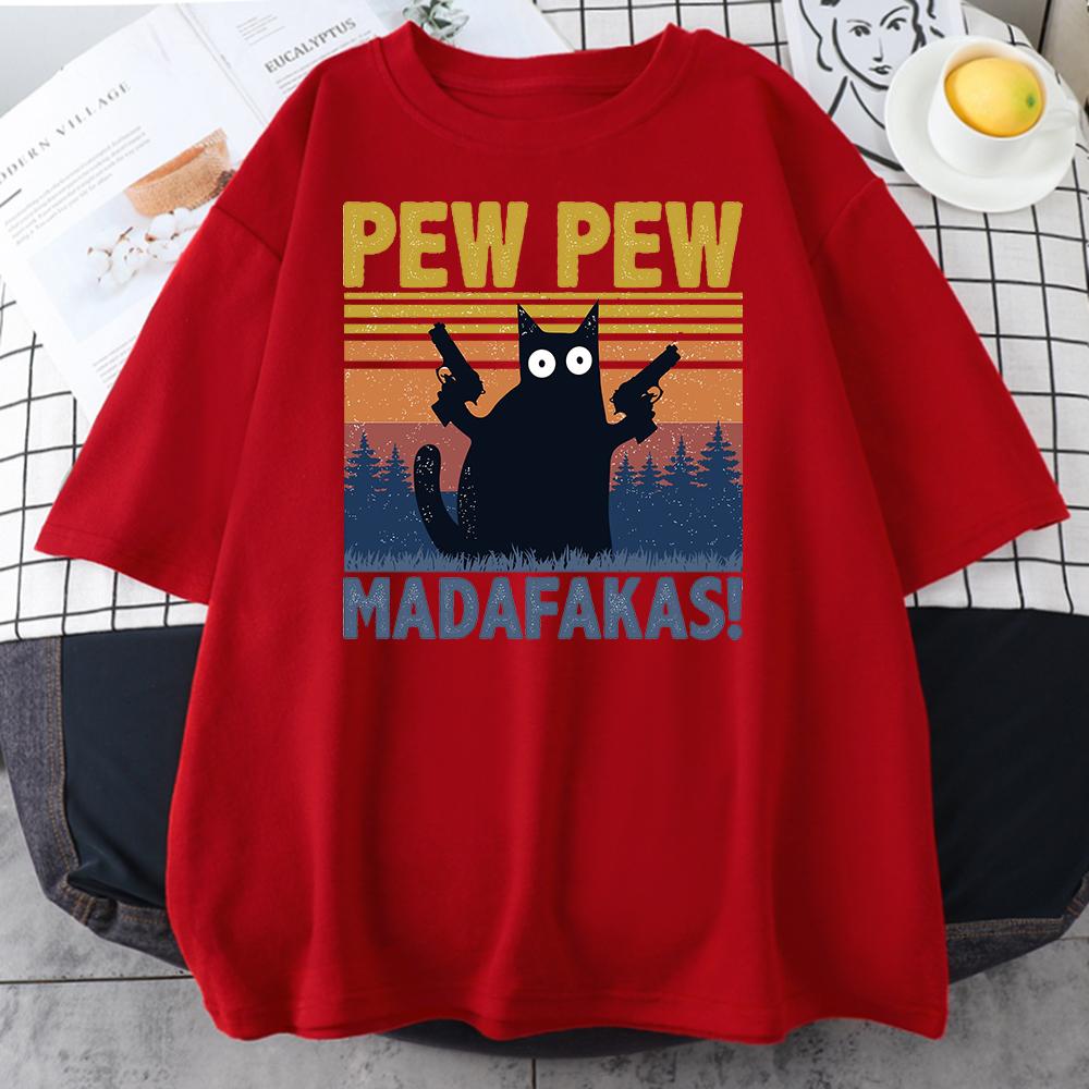Pew Madafakas Black Cat Print Male Cotton Tee Clothing Personality Vintage Cotton TShirts Casual Trend Tops Unisexs Short Sleeve