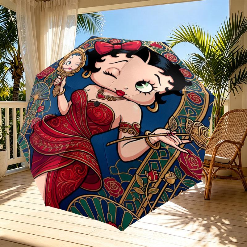 Betty Boop Print Automatic Open Close Umbrella, Portable Foldable Umbrella, for Outdoor Commute Camping Trip, Ideal Birthday Gift