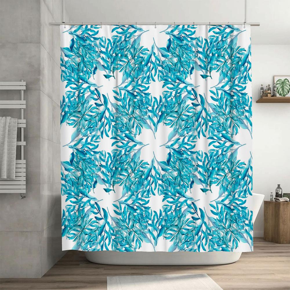 Blue Floral Shower Curtain SetWaterproof Fabric for Bathrooms Modern Design with White Background (201913)