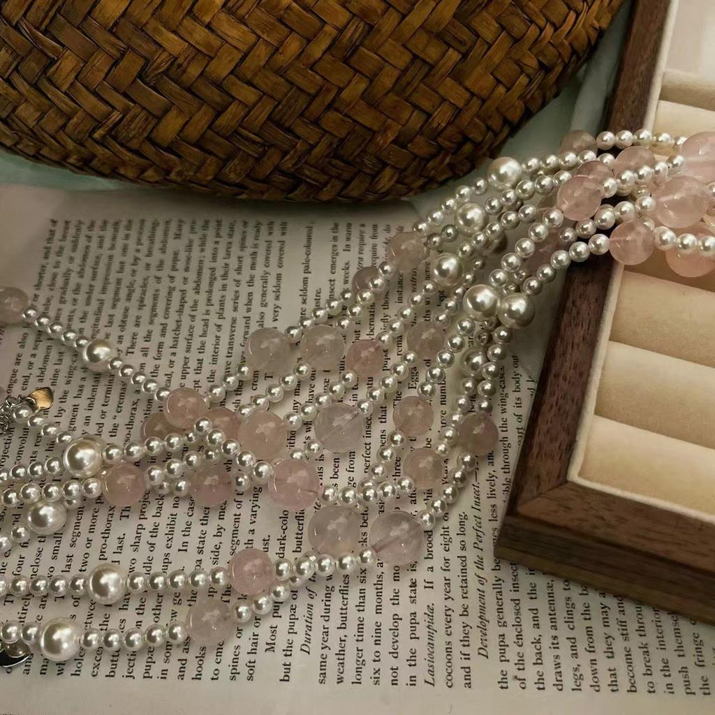 Ancient Natural Pink Crystal Cold White Shijia Pearl Gypsophila Collarbone Chain Necklace Female Niche Design