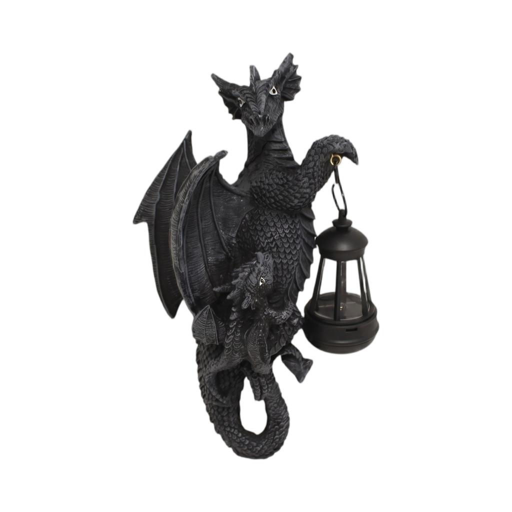 Outdoor Resin Dragon Statue with Lantern Garden Sculpture Decorative Figurine for Patio Yard Landscape Lighting Accent