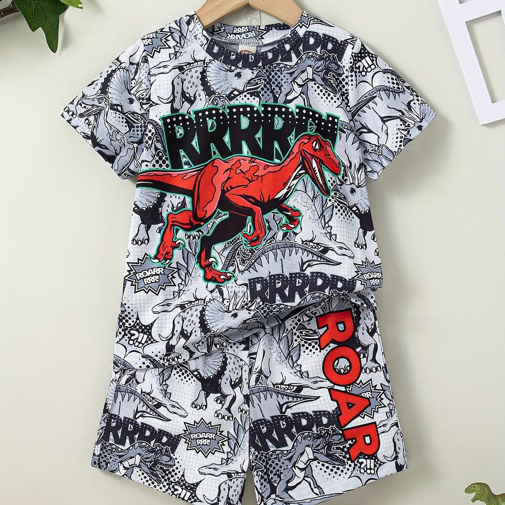 2pcs Boys Fun Dinosaur Print T-shirt & Shorts Set - Soft, Breathable, Stylish - Ideal Cool Summer Wear for Everyday Adventures!