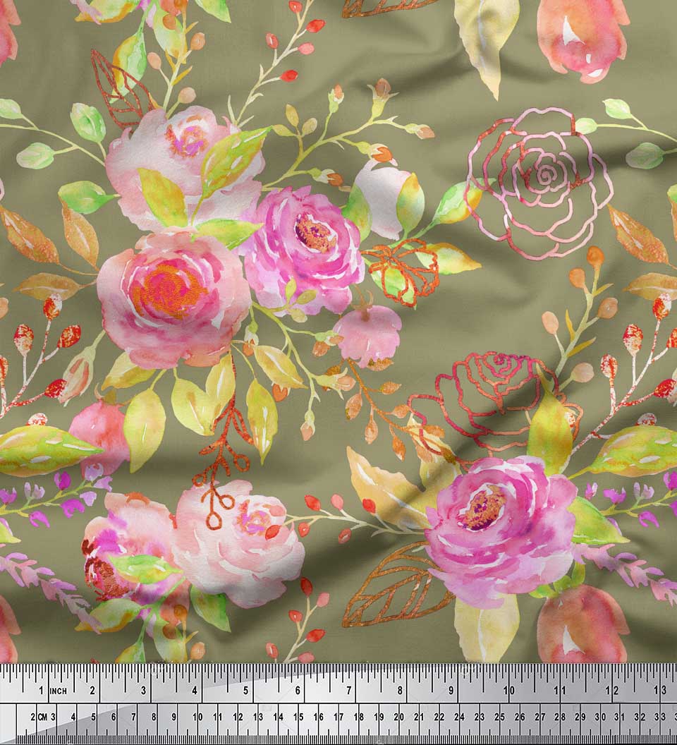 

Soimoi Green Japan Crepe Satin Fabric Flower & Leaves Watercolor Print Тканина на метр 42 дюйма 42 Inch Wide - Poly Georgette зелений