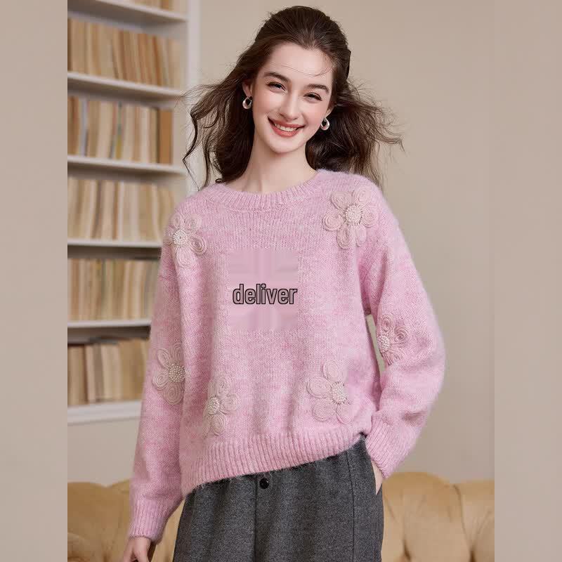 Bailuyu French Sweet Wool Blend 3D Floral Knit Sweater L
