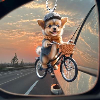 Christmas Ornament Funny Bicycle Dog Pendant Acrylic 2D Cartoon Animal Hanging Decoration for Xmas Tree