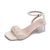 Fashion 2025 Summer Knitted Lace Band Sandals Woman Clear Med High Heels Shoes Ankle Strap Sandalias PVC Pearl Beading Sandales Femmes