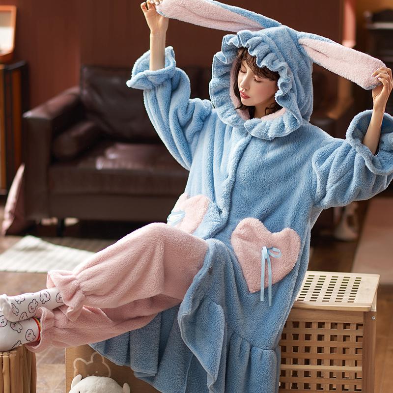Cartoon Thicken Kimono Bathrobe Women's Dressing Gown Pajamas Hooded Robes Coral Fleece Sleepwear Winter Coats for Home Clothes
