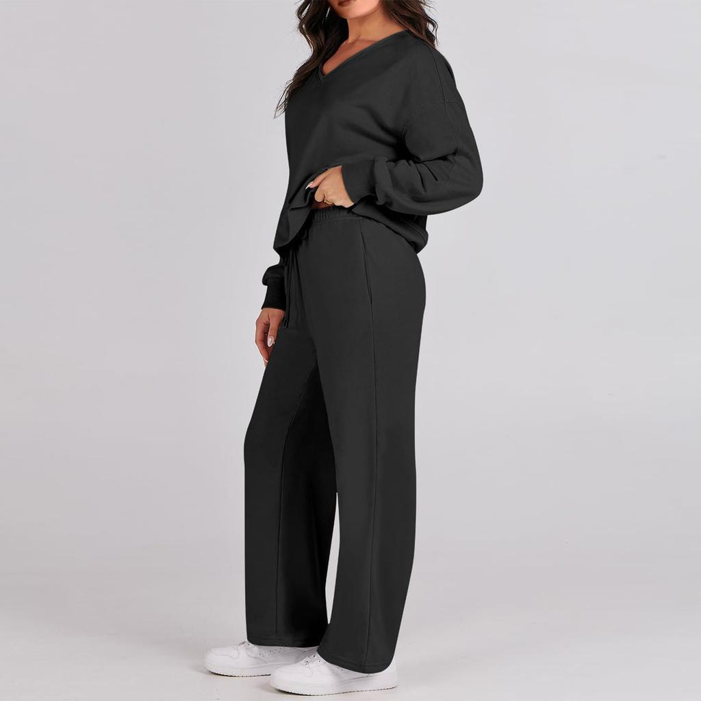 Women's Two Piece Outfits Matching Sets Long Sleeve Pullover Tops And Wide Leg Pants Tracksuit Sets