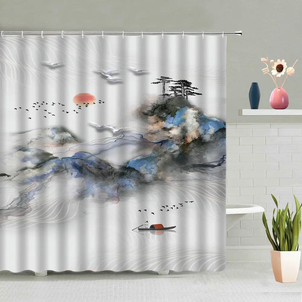 Chinese Style Ink Painting Shower Curtain Landscape Flower Tree Plant Boat Plum Living Room Background Wall Bathroom Screen Hook