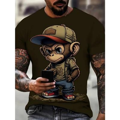 Plus Size Men's Cool Cartoon Monkey Graphic Print T-shirt For Summer, Outdoor Sports Short Sleeve Tees For Males