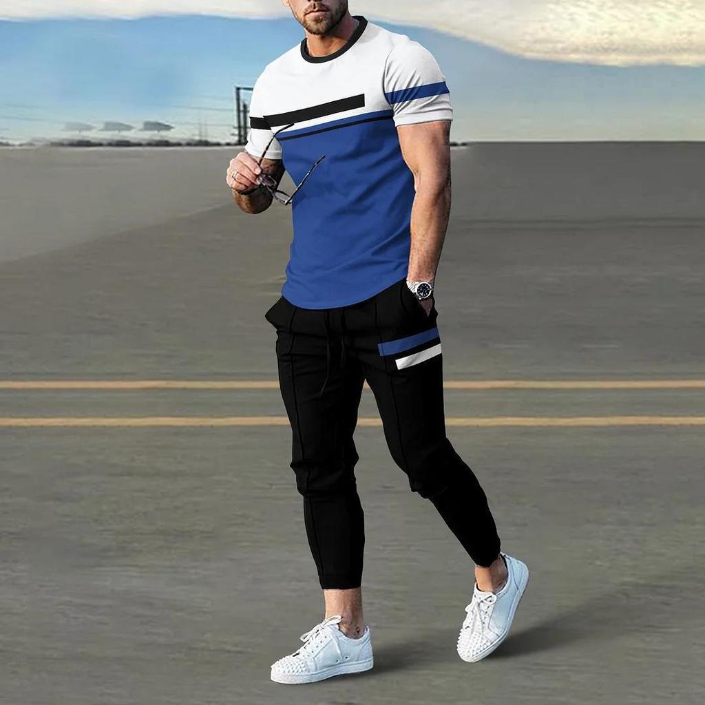 Sommer Männlichen Lose Beiläufige Druck T-shirt Elastische Taille Hosen Set Männer Kurzarm Street Style Pullover T-shirt Jogginghose Homme