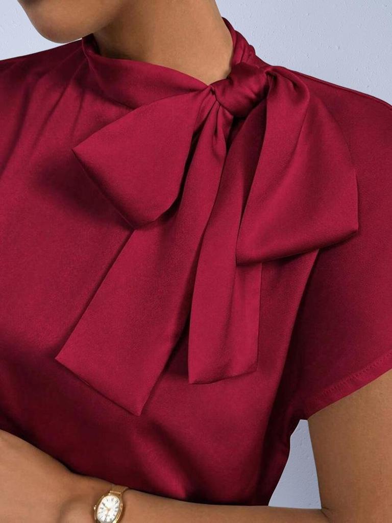 Herbst Satinschleifen-Oberteil - Damen Kurzarmhemd im europäischen & amerikanischen Stil
