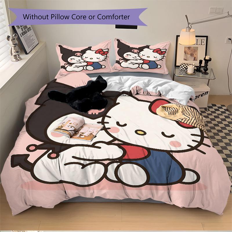 3pcs Spooky Halloween Hug Kuromi & Hello Kitty Quilt Cover Set - Soft and Cozy Bedroom, Guest Room and Dorm Decorative Bedding 3-Piece Set 1 Quil