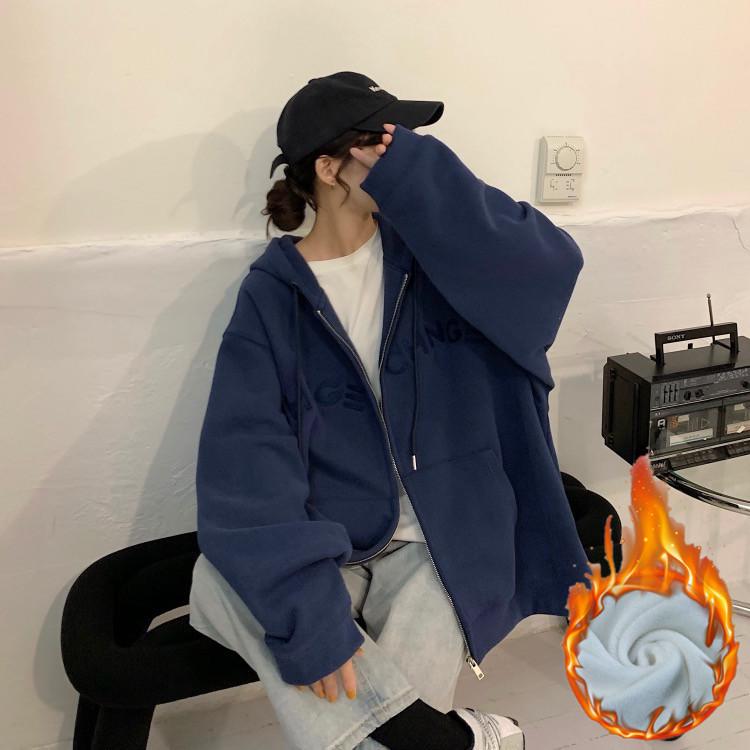 Women's Plus Size Velvet-Lined Embroidered Hooded Sweatshirt - Cozy Autumn/Winter Loose Fit Zipper Cardigan