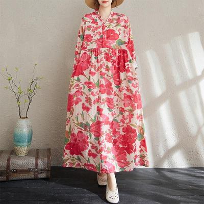 Vestido casual folgado de algodão floral vintage de manga comprida plus size novo em vestidos para mulheres vestido casual folgado de primavera outono