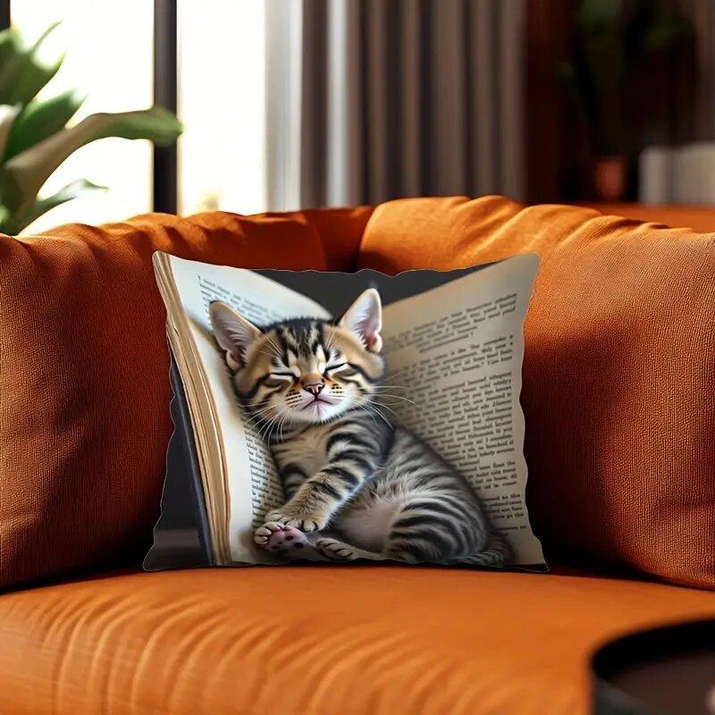 Modern 18x18 Inch One-Sided Print Pillow Cover with Kitten Design for Living Room Accent