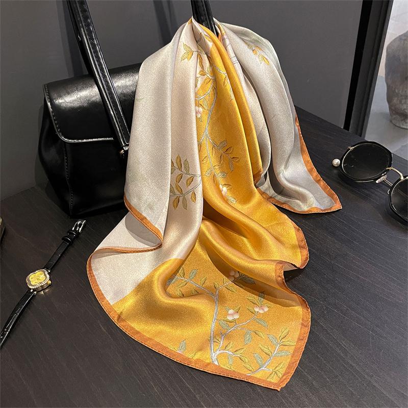 New 100% Real Silk Satin Women Scarf  Flower Printed Foulard Femme Square Head Scarfs Bandana Shawl For Lady Hijab