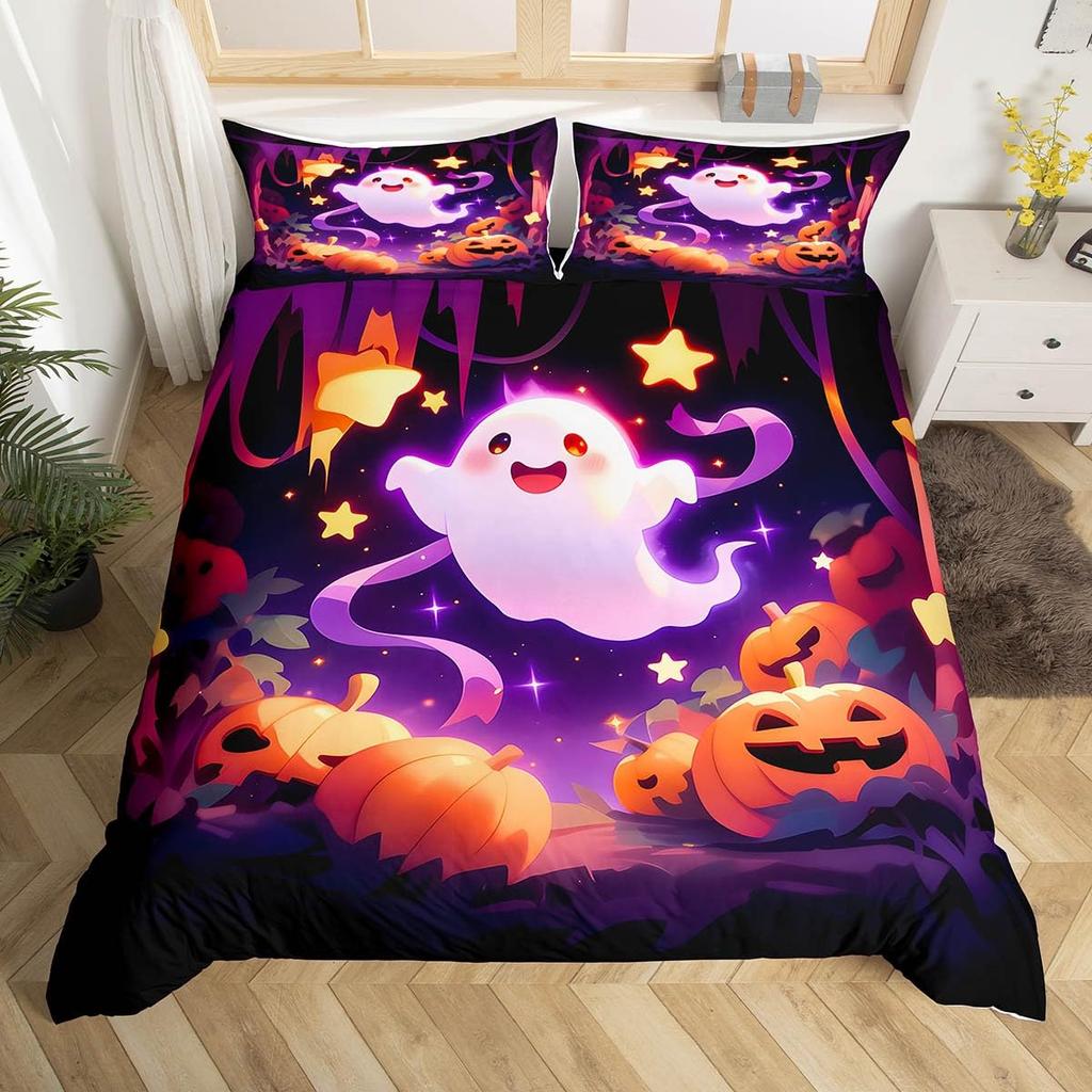 Cute Ghost Duvet Cover Twin King Halloween Bedding Set For Kids Girl Microfiber Horror Theme Comforter Cover With 2 Pillowcases