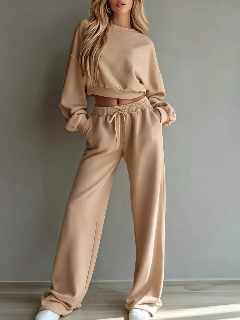 Women Tracksuit Set Long Sleeve Crop Top And High Waist Sweatpants Casual Loose Fit Loungewear Two Piece Set