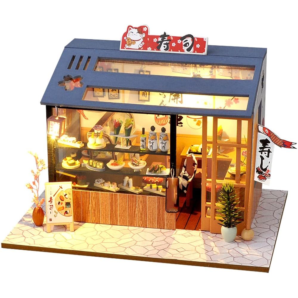 

Moin Moin 1/24 Dollhouse Miniature Sushi Restaurant Kit with English Instructions LED Light Realistic Food