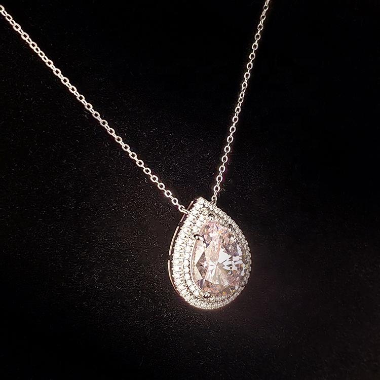 Fine Jewelry Rhodium Plated Elegant Aura 925 Sterling Silver Pear Teardrop Water Drop Pink 5A Zircon Pendant Necklace for Women