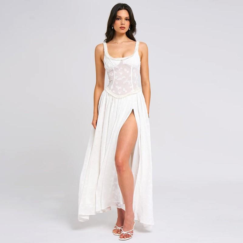Womens Square Neck Slip Dress Sexy Backless Split Maxi Streetwear