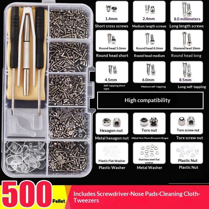 500Pcs Multifunctional Eyeglass Repair Set with Screws Nose Pads Screwdriver for Home Sunglass Watch Jewelry Repair