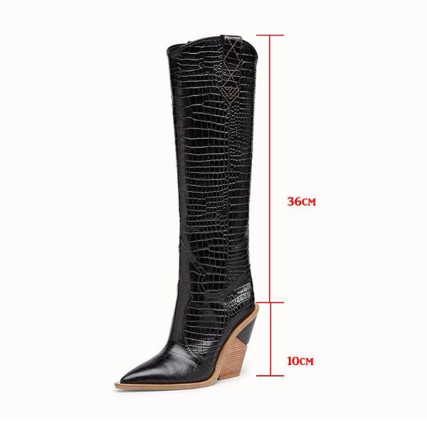 Leather women knee high boots pointed toe western cowboy boots women mid-calf chunky wedge boots