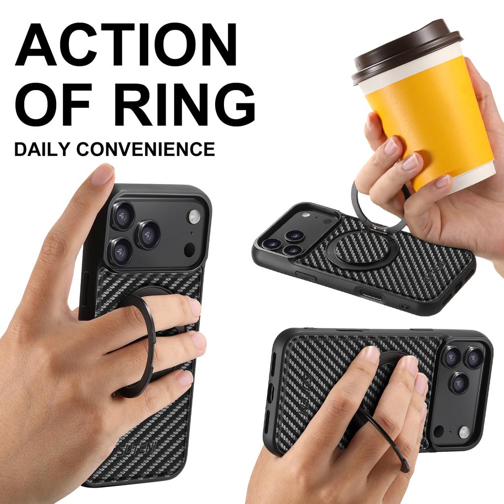 360-degree Rotating Magnetic Carbon Fiber Textured Phone Case for iPhone 17 Pro Max 16 15 14 13 12 Shockproof For Magsafe Cover