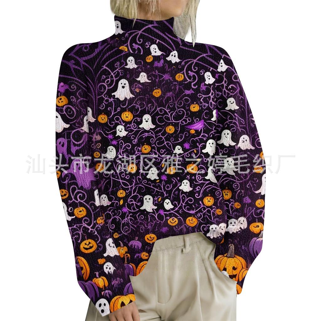 HJX-GL1 Turtleneck Pullover Long Sleeve Halloween Devil 3D Printed Sweater New Loose Autumn and Winter