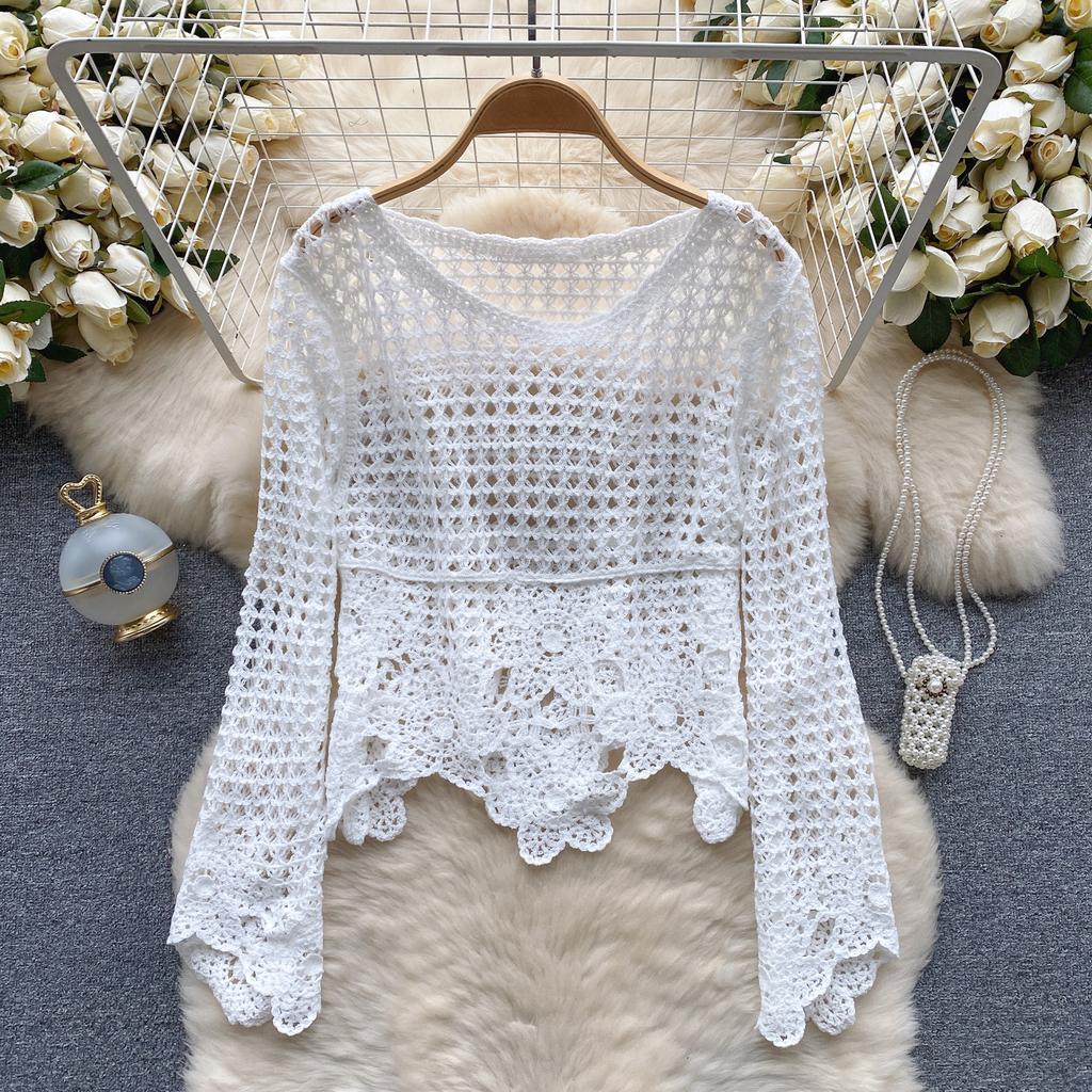 Summer Elegant Hollow Out Holiday Blouse Women O Neck Long SLeeves Embroidery Shirt Floral Solid Plaid Sheer Sexy Tops Beach Party